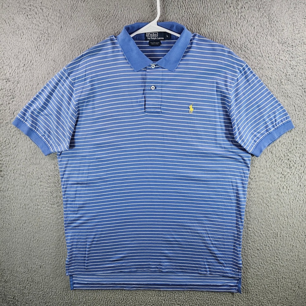 Polo Ralph Lauren Mens Blue White Striped Pima‎ Cotton Polo Shirt Yellow Pony L